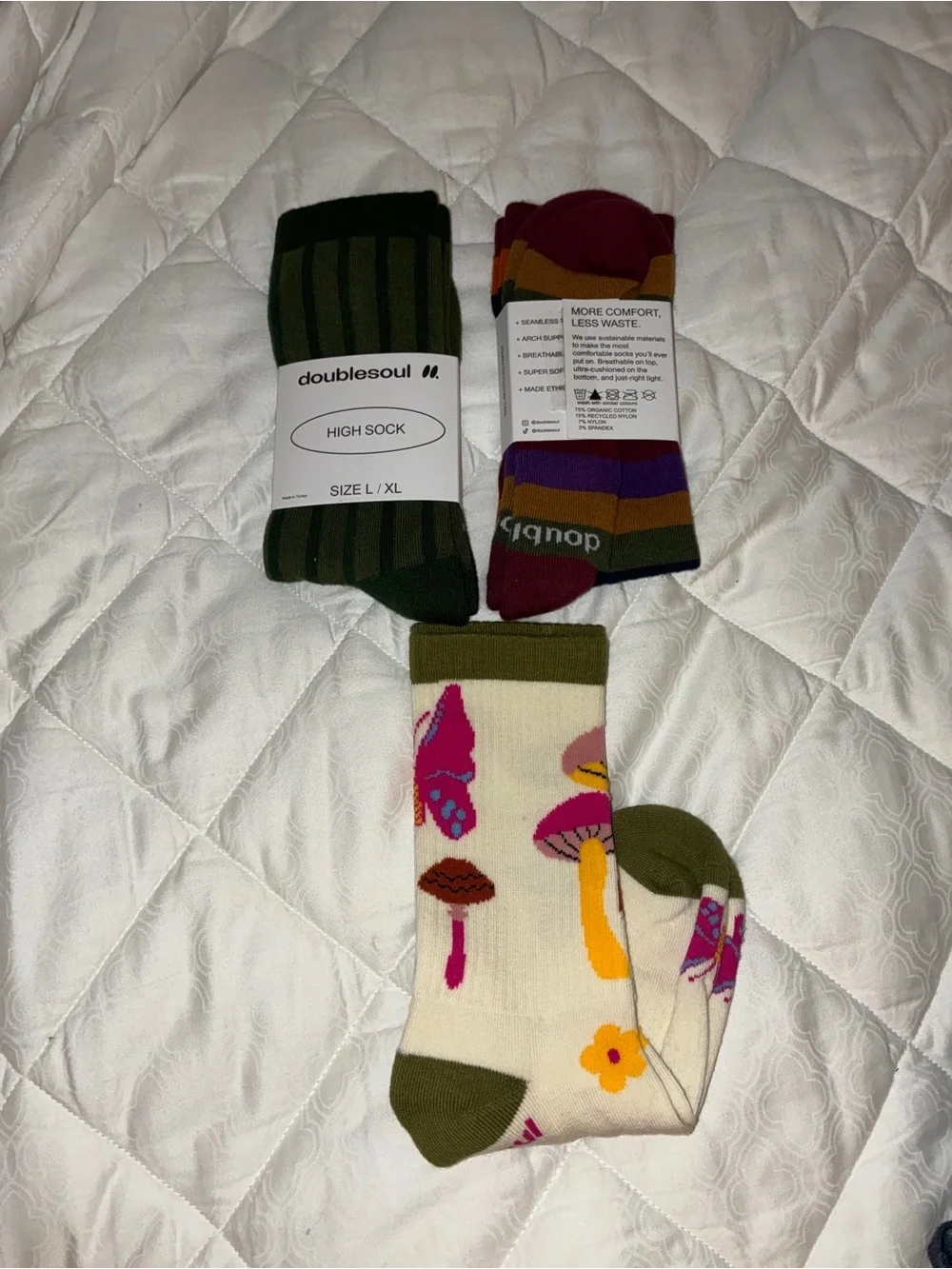 Doublesoul Socks -set of 3 Olive Green, Multicolor & Cream Pattern - Sz L/XL